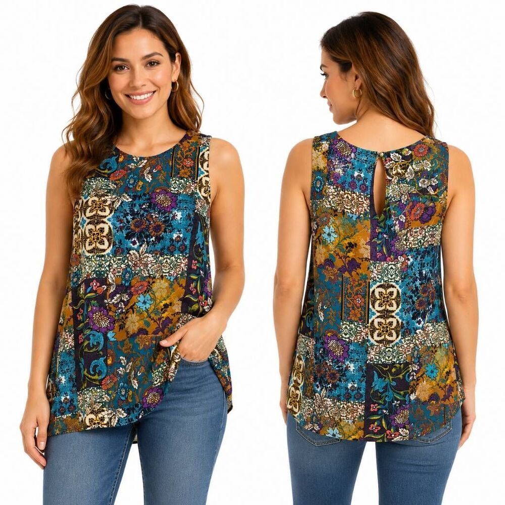 Eyeshadow Patchwork Floral Sleeveless Swing Tank Top S